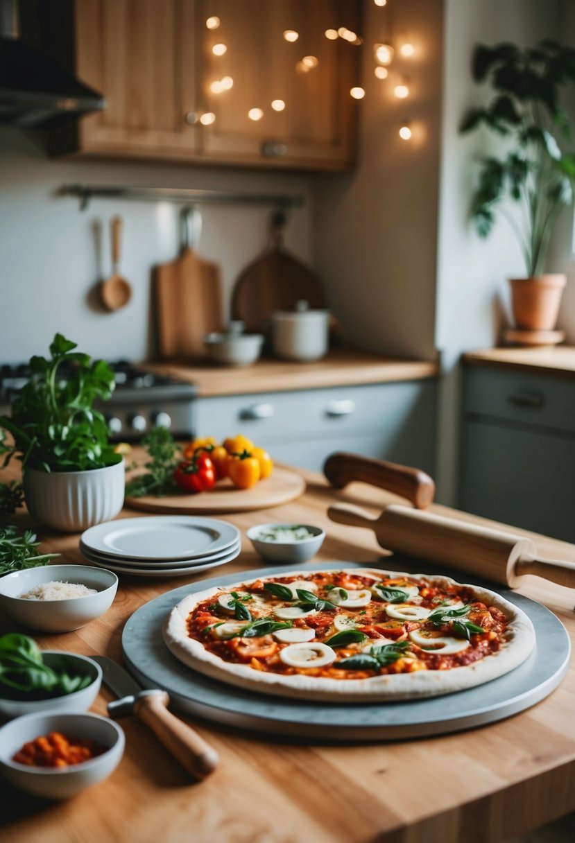 A cozy kitchen table set with fresh ingredients, a rolling pin, and a pizza stone, ready for a homemade pizza night