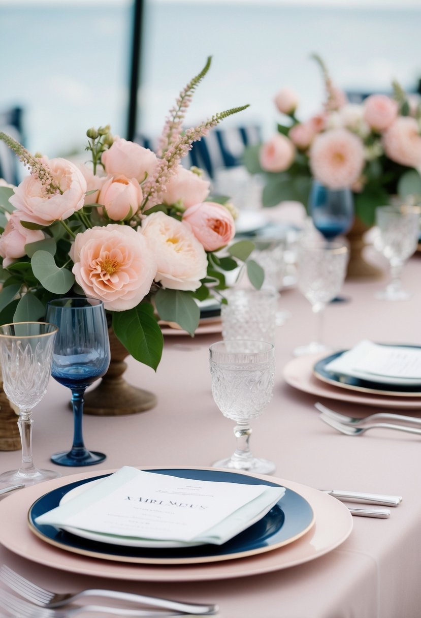 A serene wedding table setting with blush pink flowers and navy blue accents