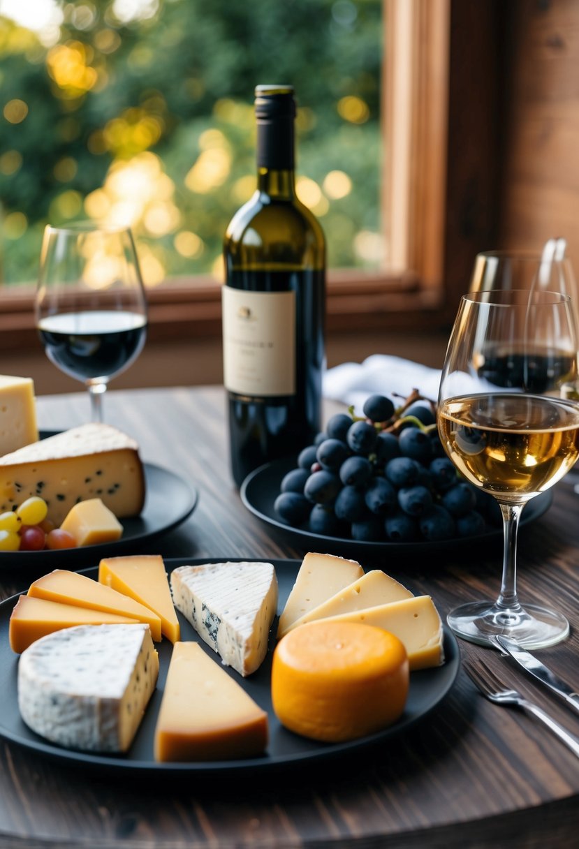 A table set with various cheeses, grapes, and a bottle of wine for a cozy tasting experience