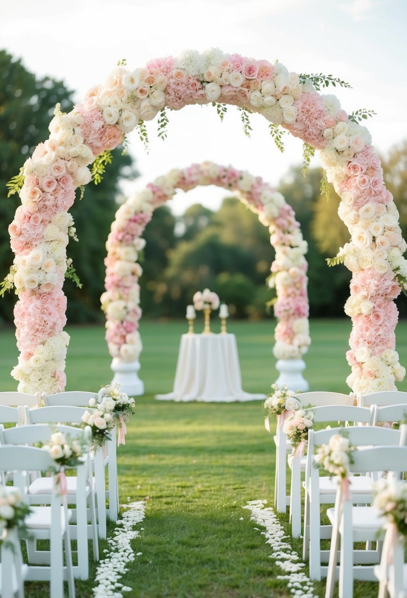 A soft pink and cream floral archway frames a serene outdoor wedding ceremony