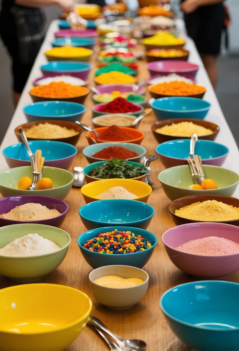 A table filled with colorful ingredients, mixing bowls, and kitchen utensils arranged for a dessert making contest