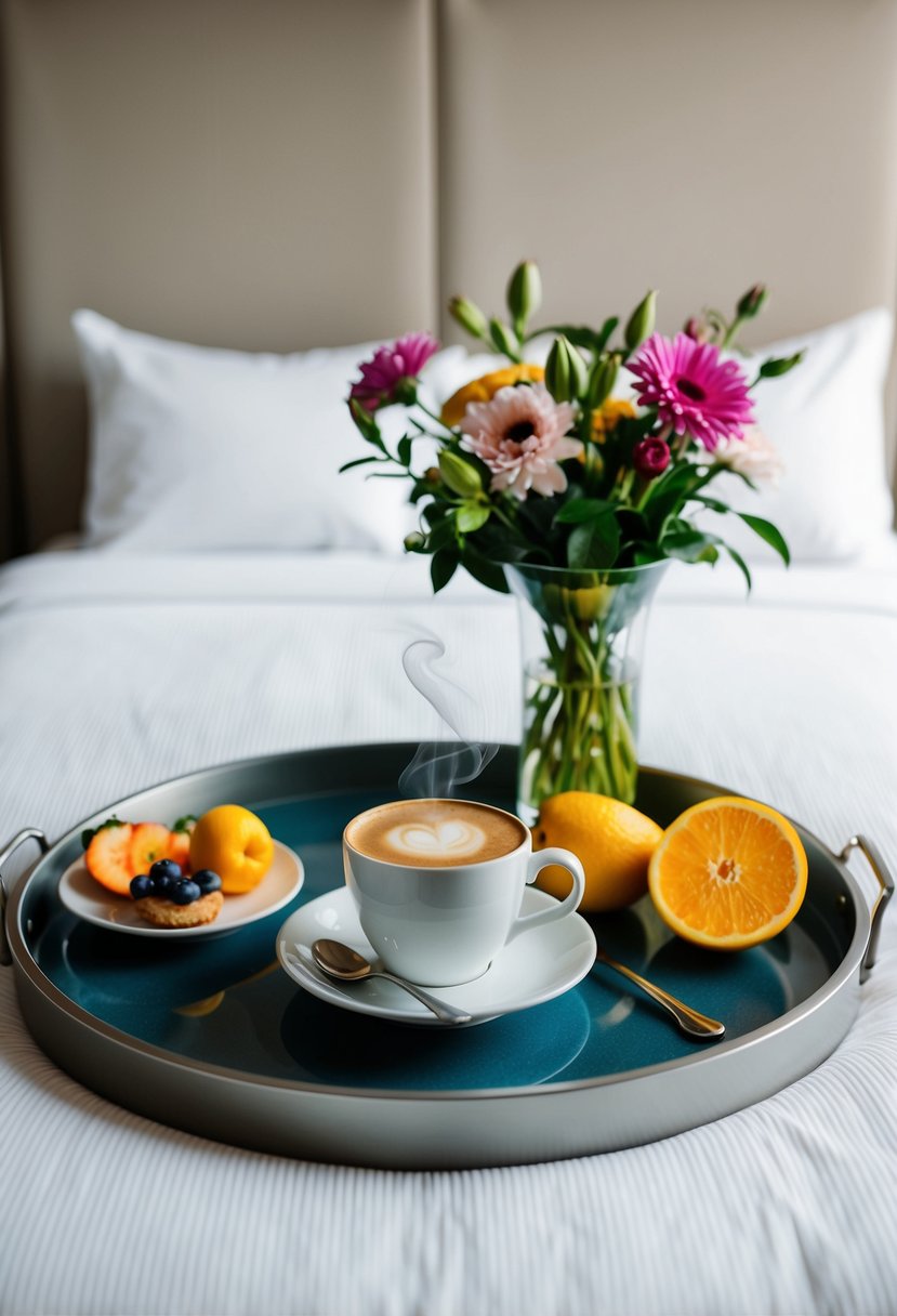 A tray with a steaming cup of coffee, fresh fruit, pastries, and a vase of flowers on a neatly made bed