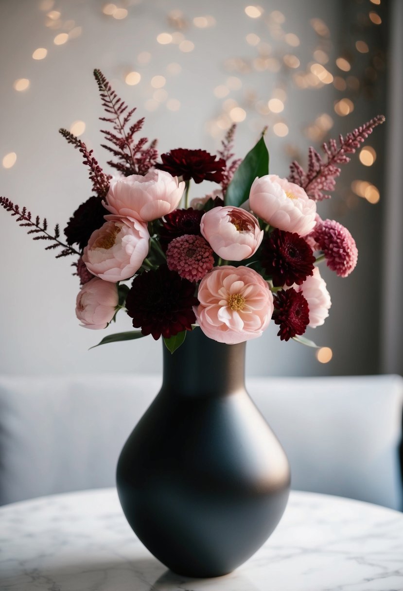 A bouquet of blush and burgundy flowers in a bold, modern vase