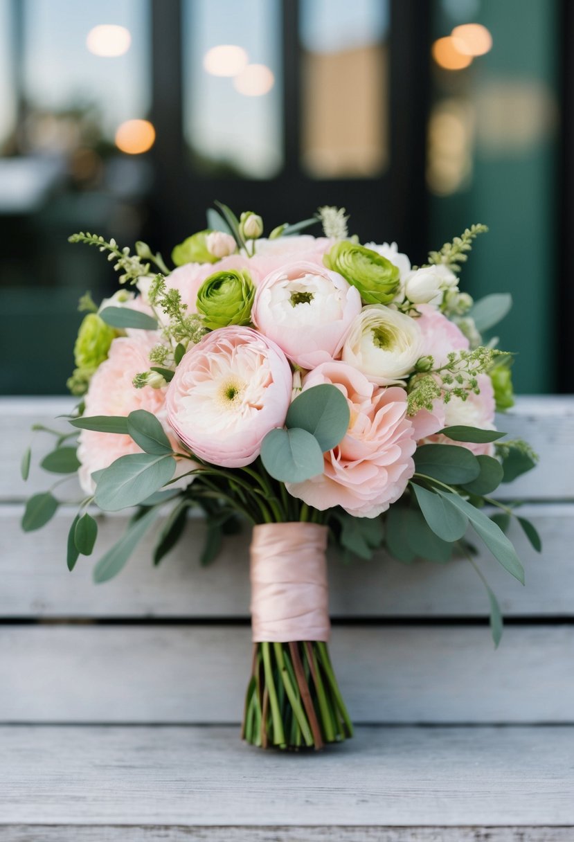 A light pink wedding bouquet with olive green accents