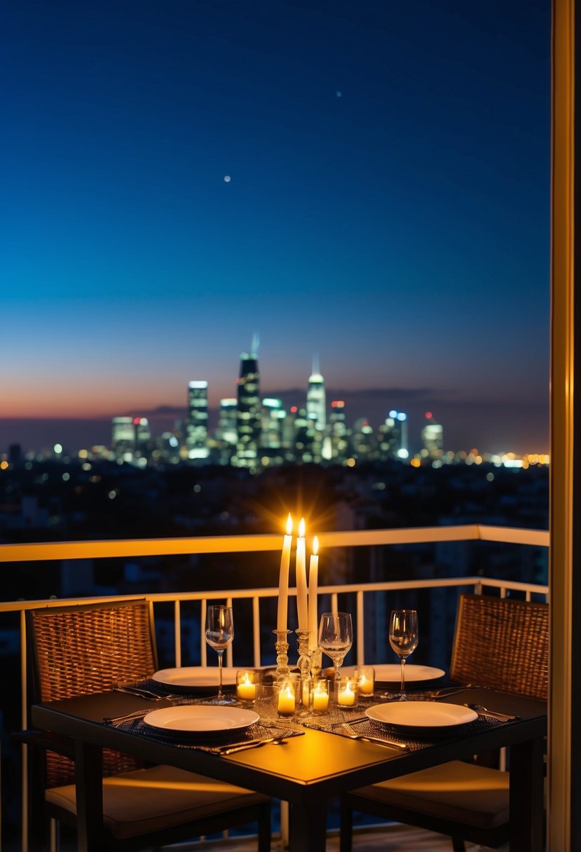 A candlelit dinner set on a balcony overlooking a city skyline at night