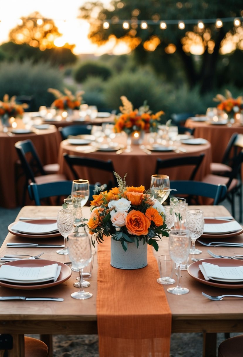 A rustic outdoor wedding with terracotta table settings, orange floral arrangements, and warm sunset lighting