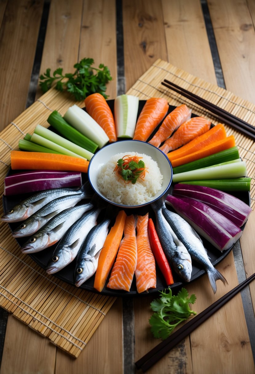 A colorful array of fresh fish, rice, and vegetables laid out on a wooden table, surrounded by bamboo rolling mats and chopsticks