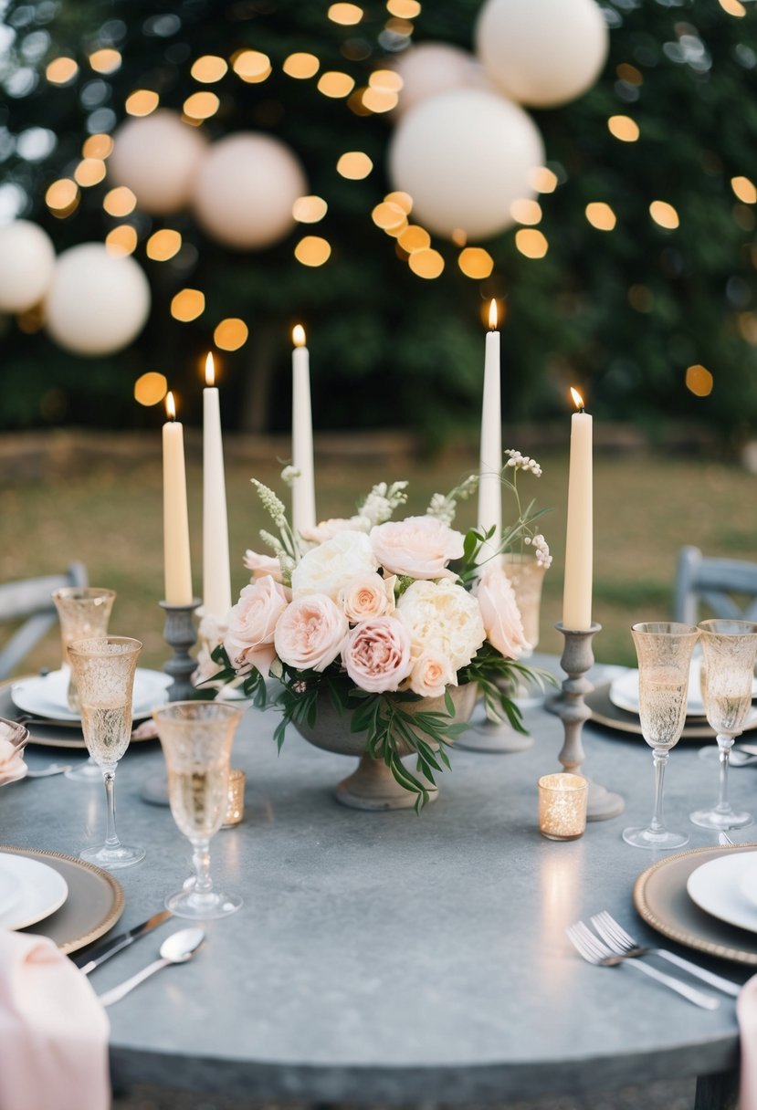 A stone gray table adorned with champagne pink flowers and candles