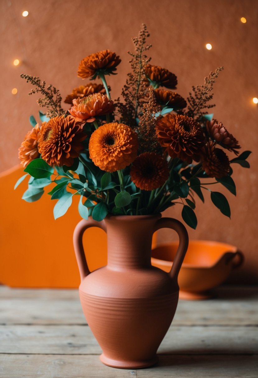 A terracotta vase holds a lush floral arrangement of rust-colored flowers, set against a backdrop of warm terracotta and orange accents