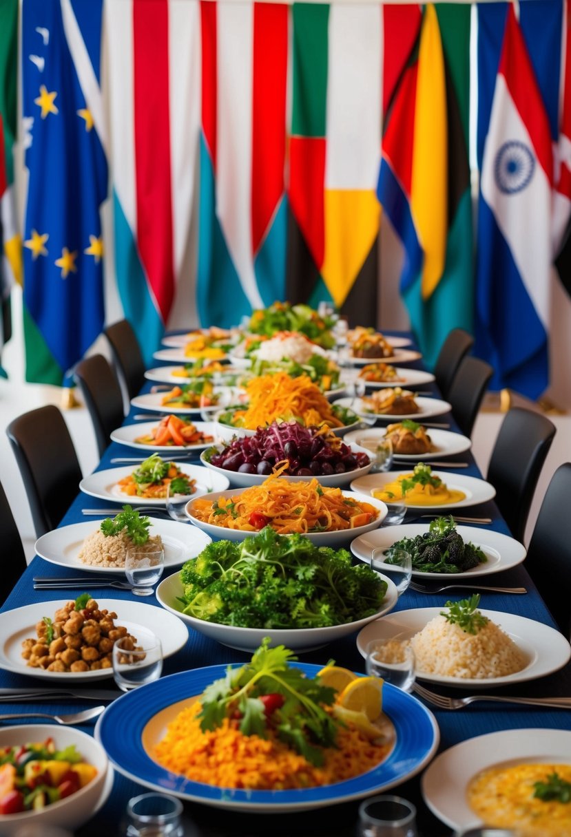 A table set with dishes from around the world, featuring vibrant colors and diverse textures. Flags of different countries line the backdrop, creating an atmosphere of international cuisine