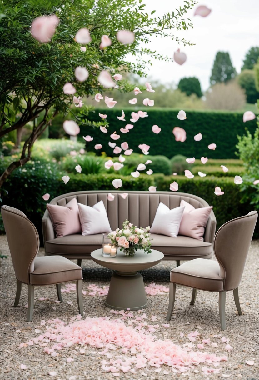 A serene garden with soft pink petals falling on taupe-colored furniture and decor, creating a timeless and elegant wedding color palette