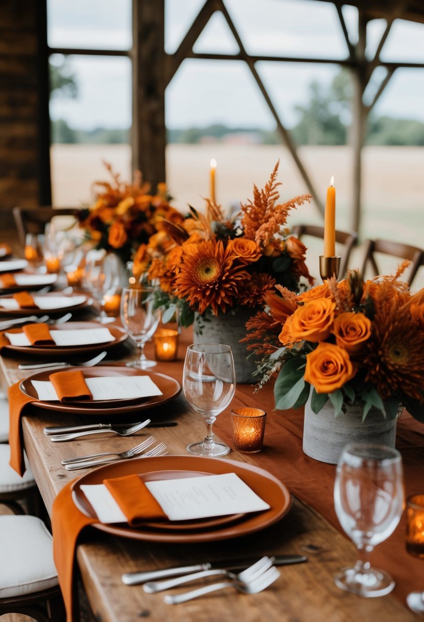 A rustic wedding table adorned with burnt orange bridal bouquets and terracotta accents