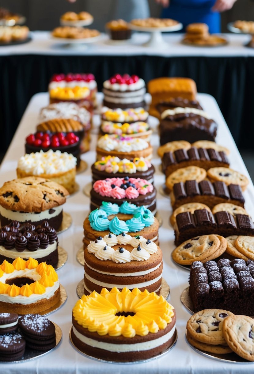 A colorful array of baked goods arranged on a table, with a variety of cakes, cookies, and pastries displayed for a Bake-Off Challenge