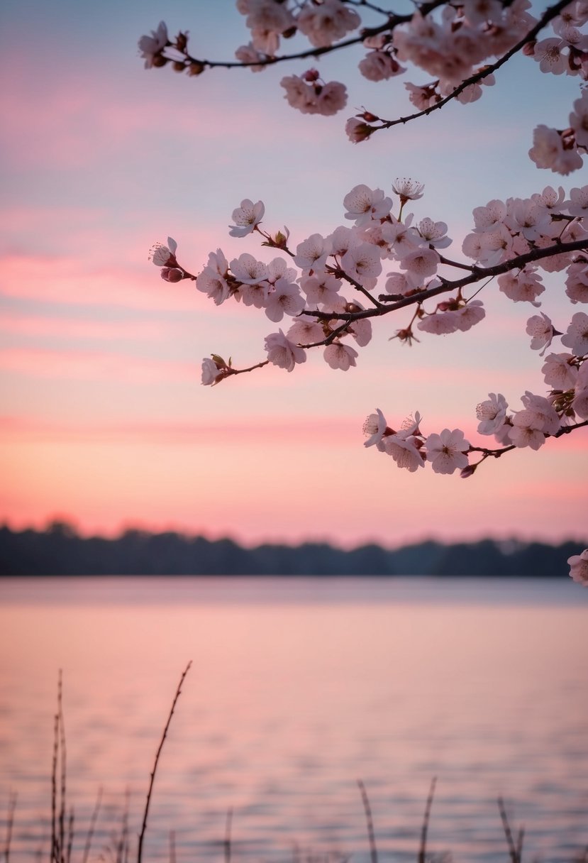 A soft pink and peachy sunset over a calm lake, with delicate cherry blossoms in the foreground