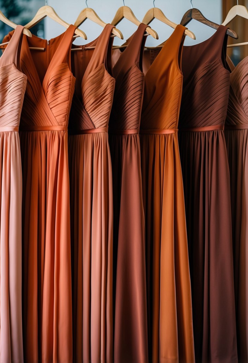 A group of bridesmaid dresses in varying shades of rust orange and terracotta, arranged in a beautiful display