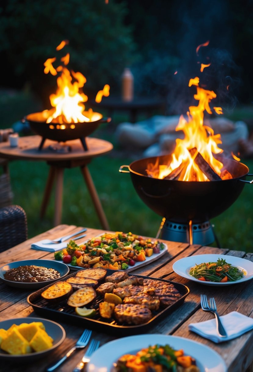 A cozy evening scene with a crackling bonfire, a sizzling BBQ grill, and a spread of delicious food on a rustic outdoor table