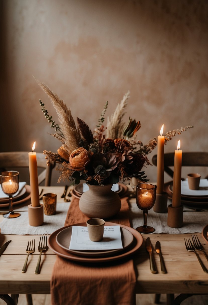 A rustic table set with terracotta linens, adorned with earthy floral arrangements and warm candlelight