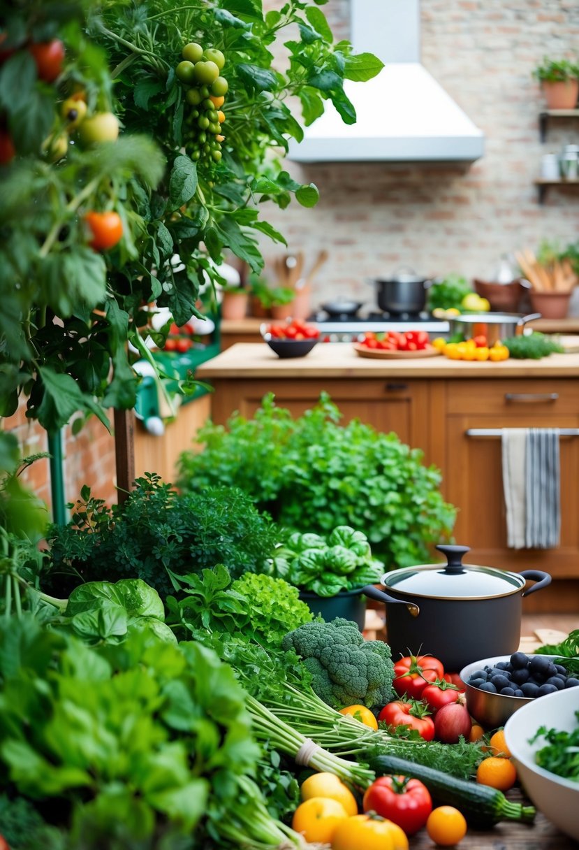 A garden overflowing with ripe vegetables, herbs, and fruits, alongside a bustling kitchen filled with pots, pans, and fresh ingredients