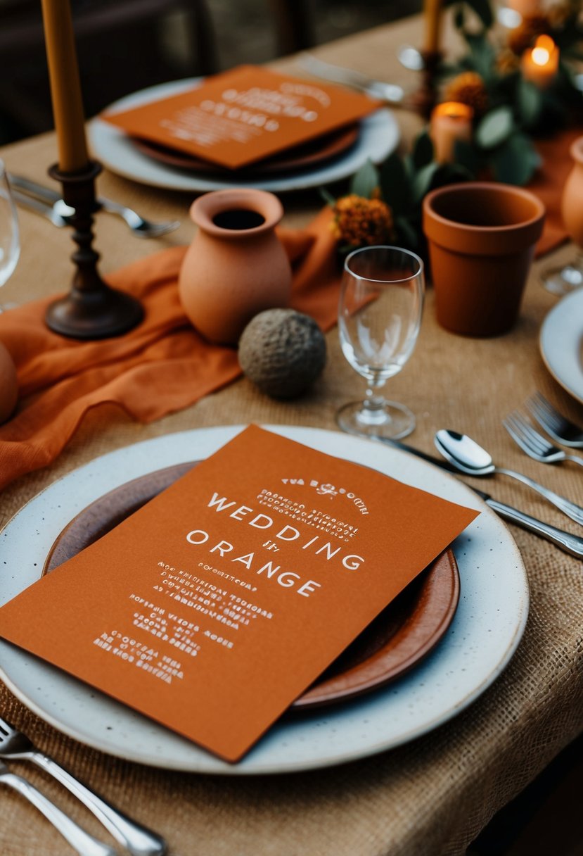 A rustic wedding scene with burnt orange invitations, terracotta decor, and earthy accents