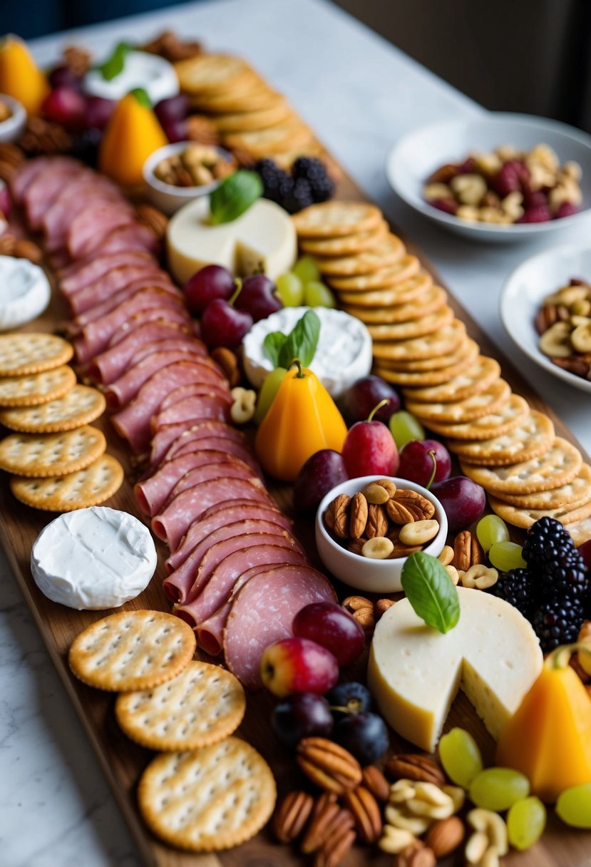 A wooden charcuterie board filled with a variety of meats, cheeses, fruits, nuts, and crackers arranged in an artful and appetizing display