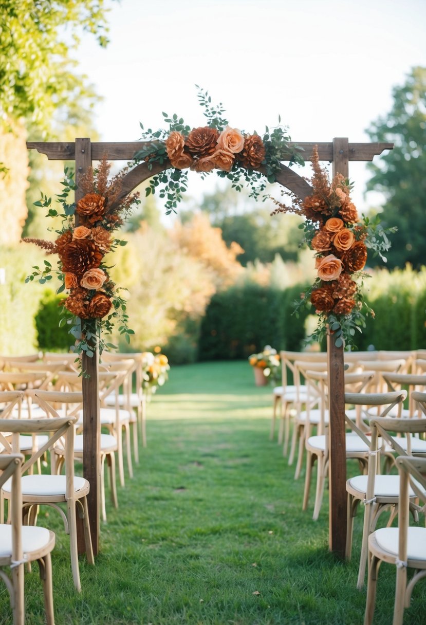 A rustic wedding arch adorned with rust orange and terracotta flowers and greenery stands in a sunlit garden