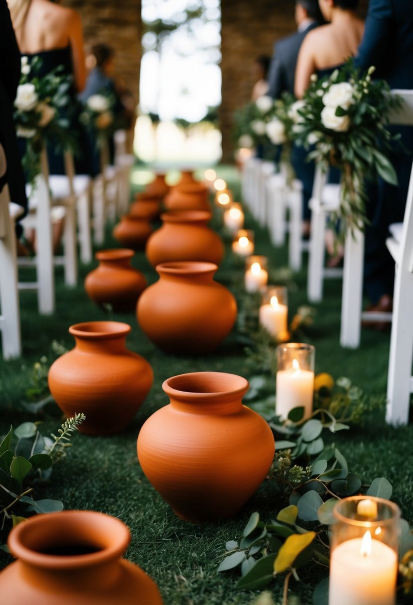 Rust orange and terracotta pottery lined the wedding aisle, adorned with earthy greenery and flickering candlelight