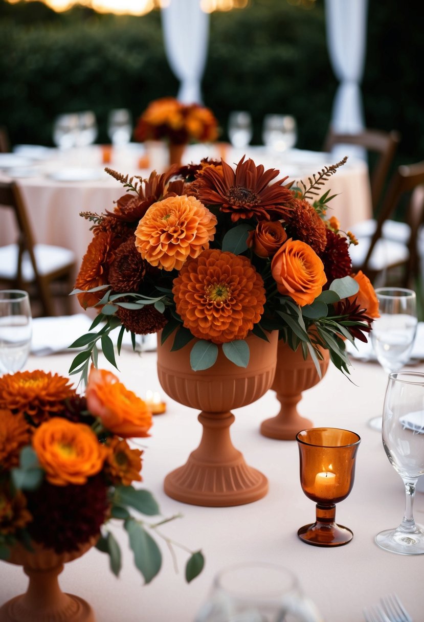 Rust orange and terracotta floral centerpieces arranged on reception tables