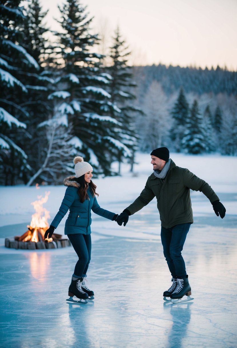 A couple ice skating on a frozen pond surrounded by snow-covered trees, with a cozy bonfire nearby