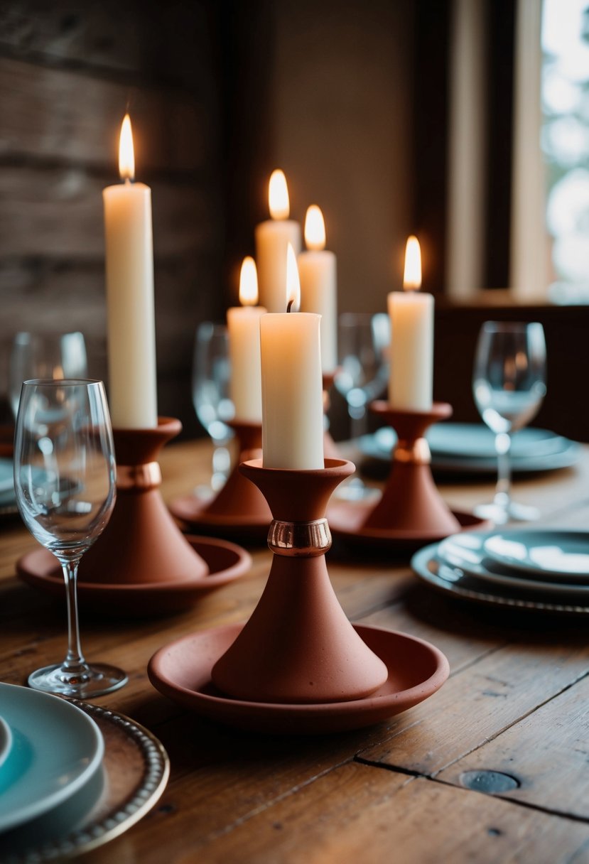 A rustic terracotta and copper candle holder centerpiece on a wooden table