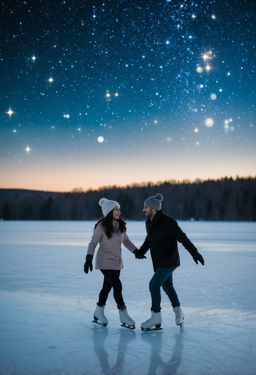 A couple glides across a frozen lake, illuminated by the twinkling stars above. The crisp winter air adds a romantic touch to their ice skating date