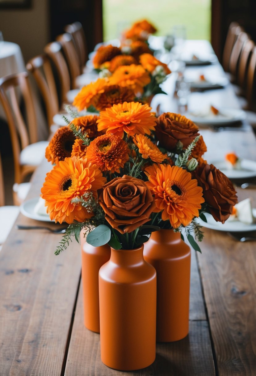 Rust orange and terracotta bridesmaid bouquets arranged in burnt orange vases on a wooden table at a wedding reception