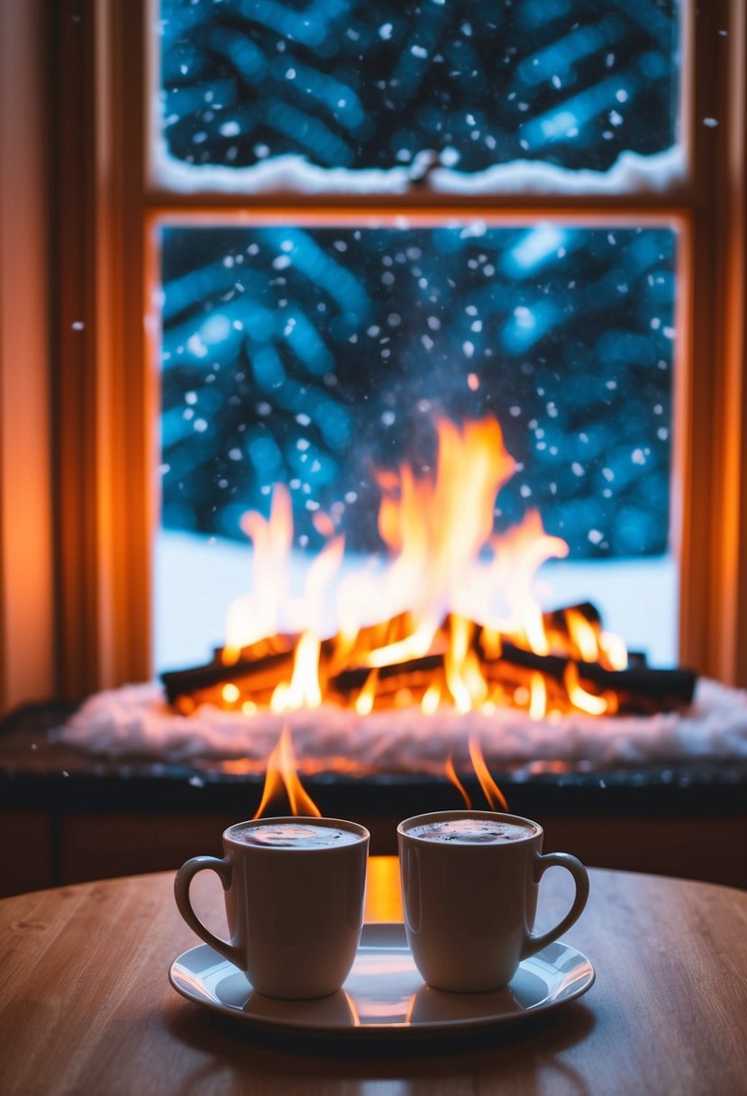 A crackling fire illuminates a cozy living room, with two mugs of steaming hot cocoa on a table. Snow falls outside the window