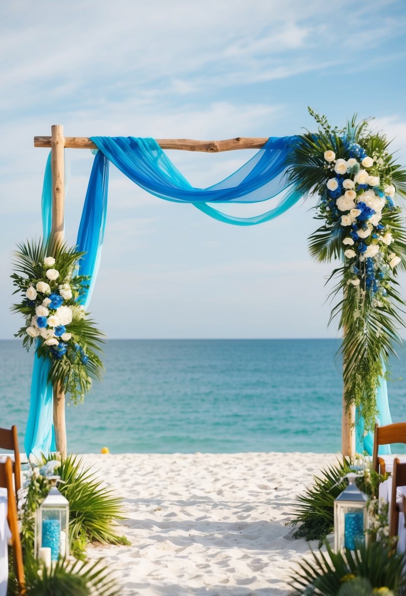 A serene beach wedding with blue ombre decor, from the sky to the sea, accented by white sand and lush greenery