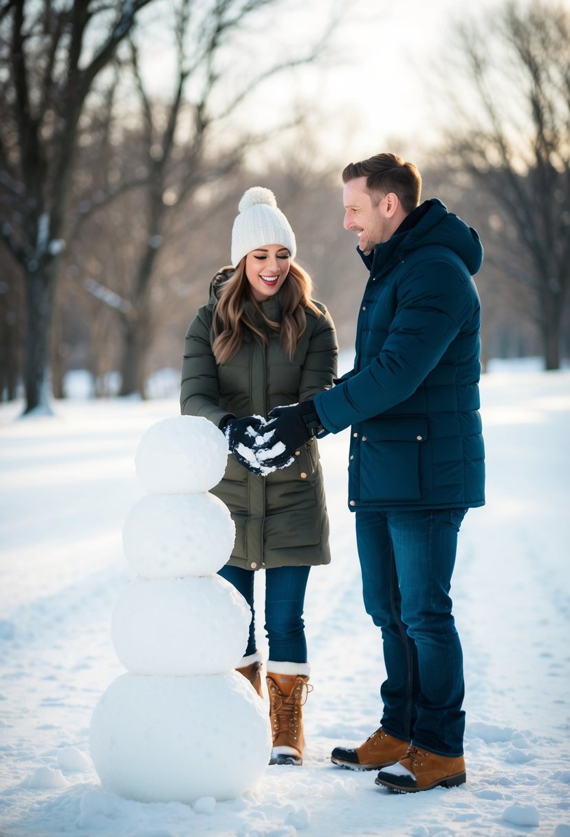 A couple stands side by side, rolling snowballs and stacking them to create a snowman. The crisp winter air surrounds them as they work together, laughing and enjoying the moment