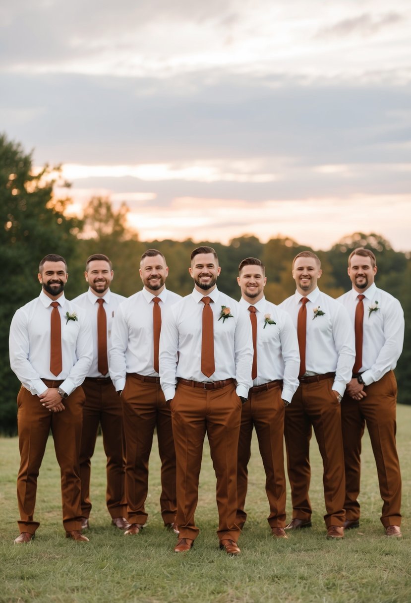 A group of groomsmen stand together, each wearing a rust-colored tie, creating a warm and earthy color palette for a wedding