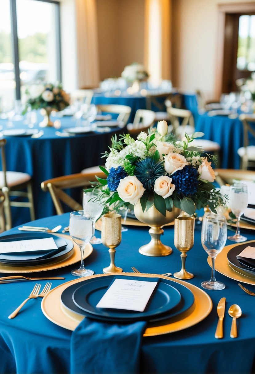 A navy blue and gold wedding table setting with elegant floral centerpieces and matching place settings