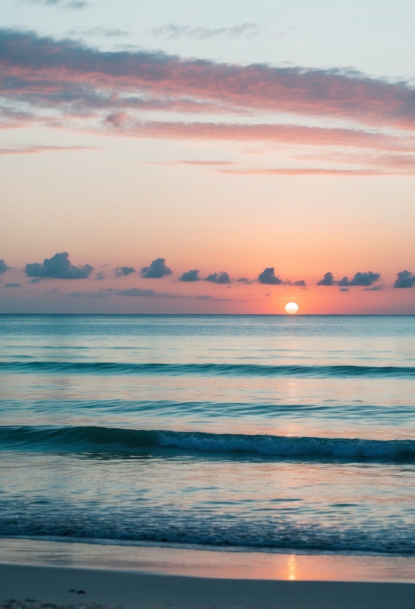 A serene beach at sunset, with soft aqua and coral hues blending in the sky and reflecting on the calm ocean waters