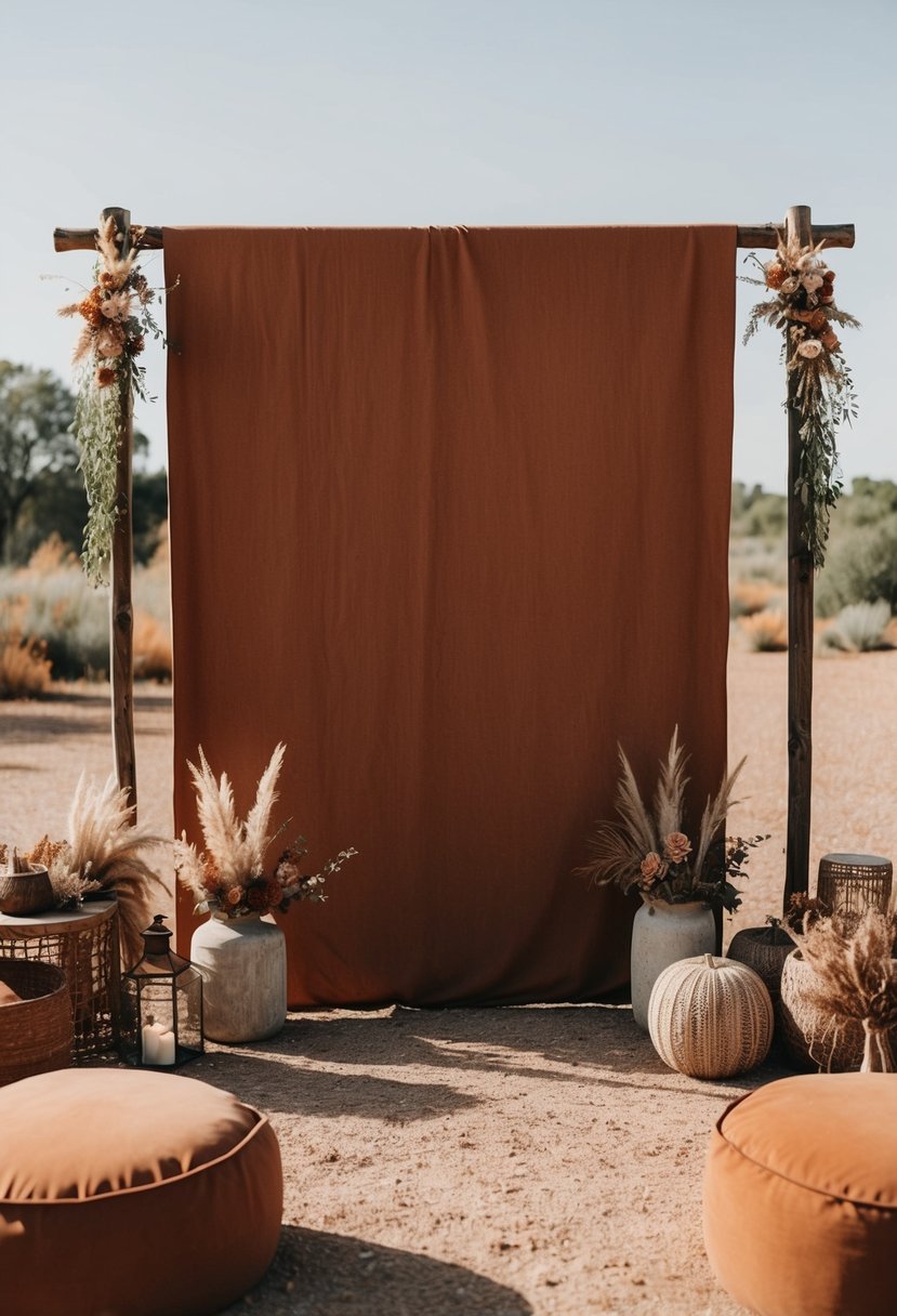 A rustic outdoor wedding setting with terracotta and rust-colored photo backdrop, surrounded by earthy decor and natural elements