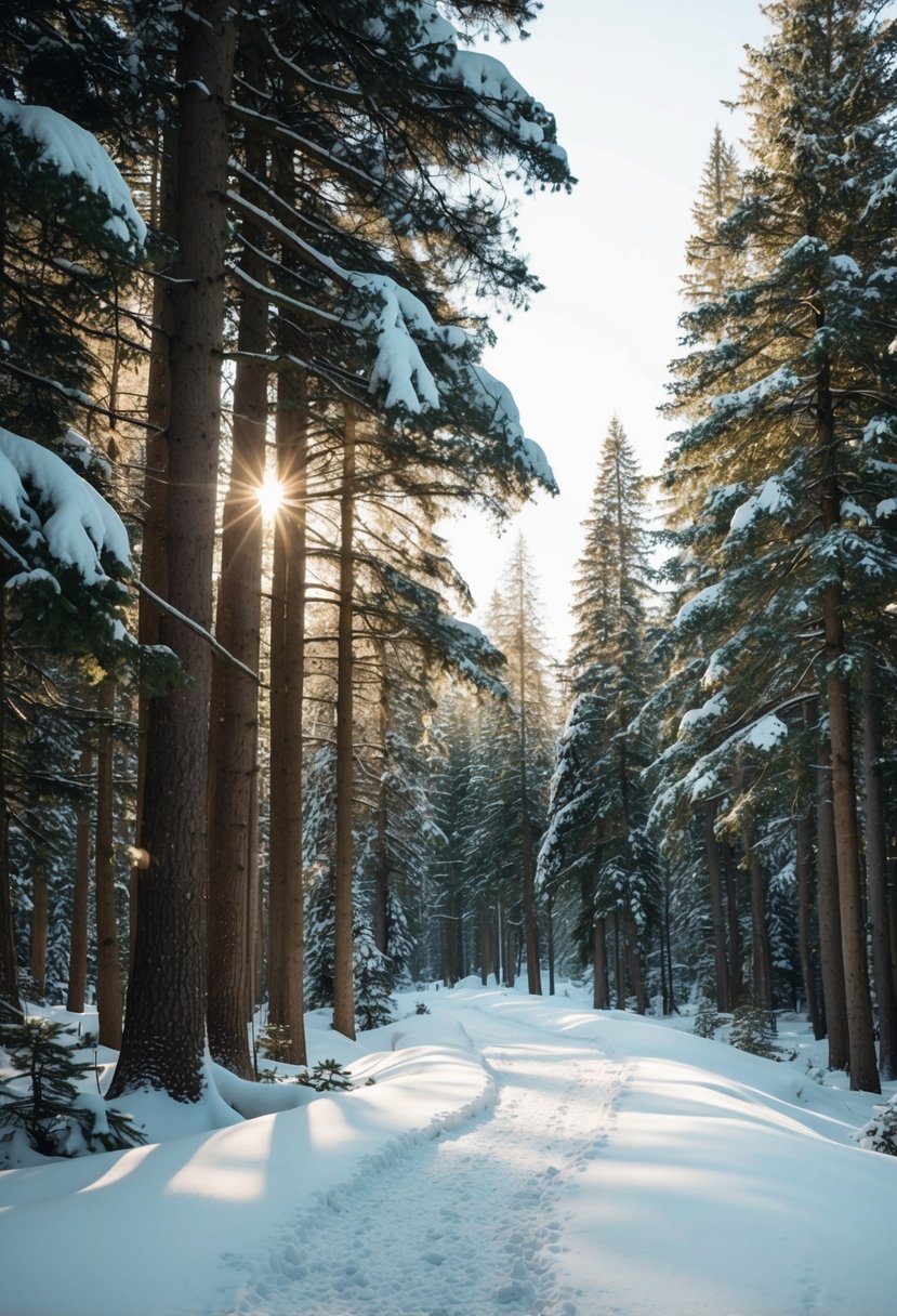 A snowy forest trail winds through tall evergreen trees, with a soft blanket of snow covering the ground. Sunlight filters through the branches, casting a warm glow on the serene landscape