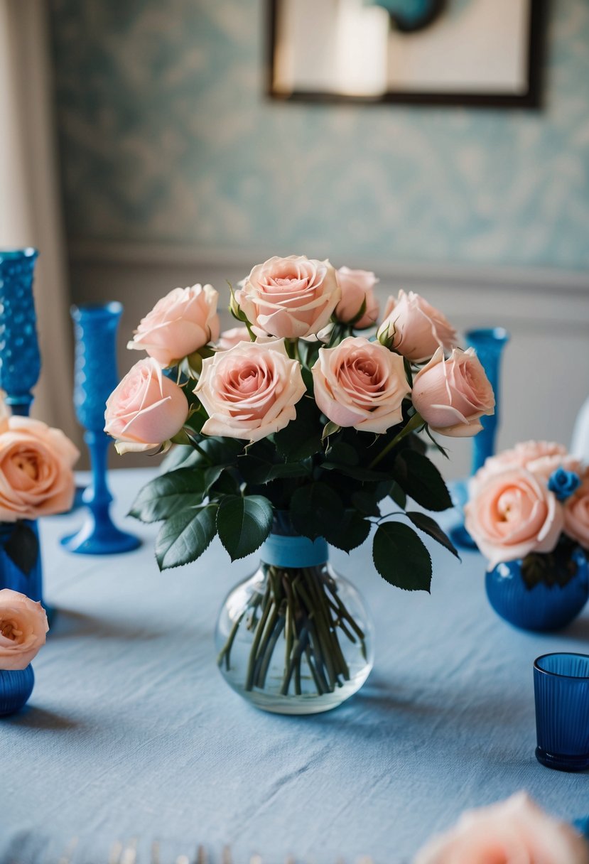 A vintage rose bouquet sits on a dusty blue tablecloth, surrounded by matching blue and rose decor