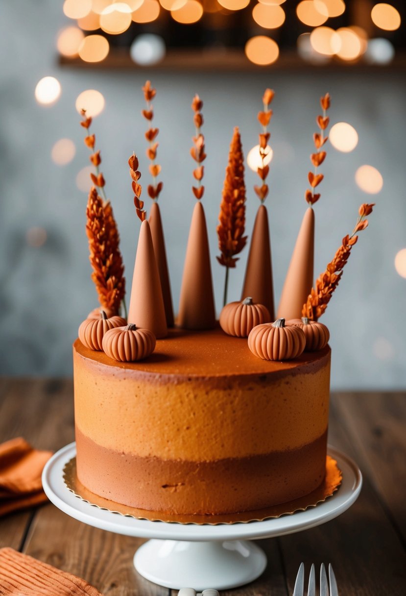 Rust orange and terracotta cake decorations arranged on a burnt orange cake