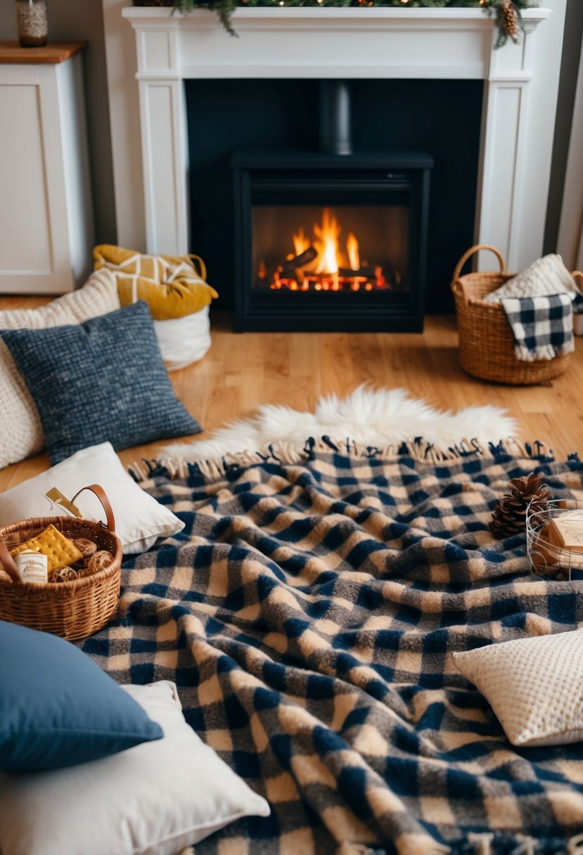 A cozy living room with a plaid blanket spread on the floor, surrounded by scattered cushions and a basket of goodies. A crackling fireplace adds warmth to the winter indoor picnic setting