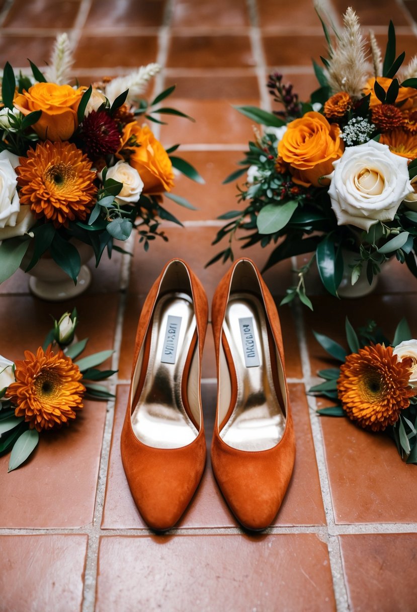 Rust orange bridal shoes placed on terracotta tiles surrounded by matching floral arrangements and decor