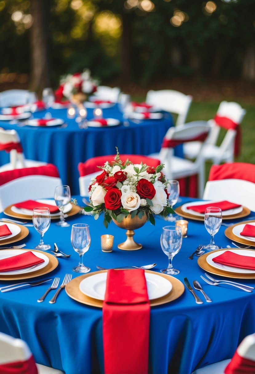 A cobalt blue and cherry red wedding table setting with floral centerpieces and matching linens