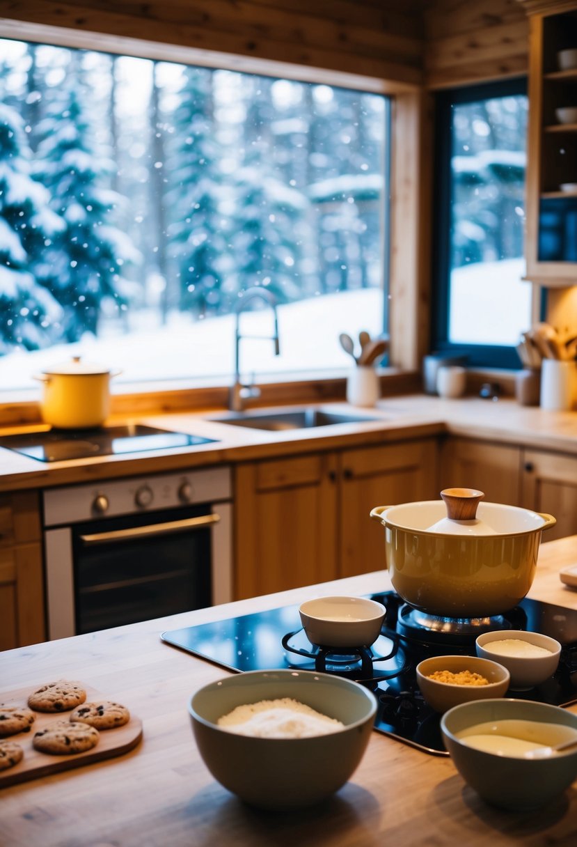 A cozy kitchen with a warm oven, mixing bowls, and ingredients for baking cookies. Outside, snow falls gently, creating a winter wonderland