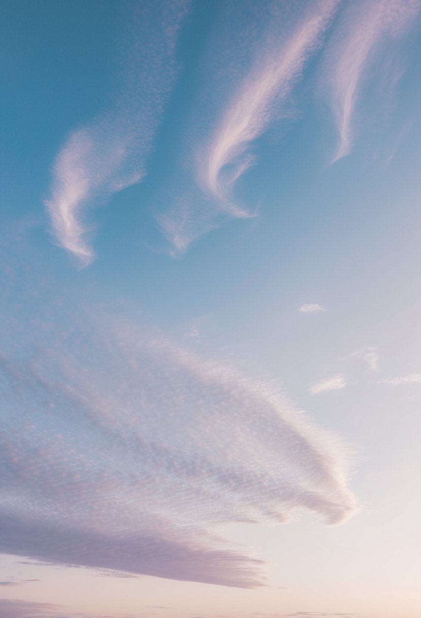 A serene sky with wispy clouds in shades of blue and lavender, set against a dreamy pastel sunset