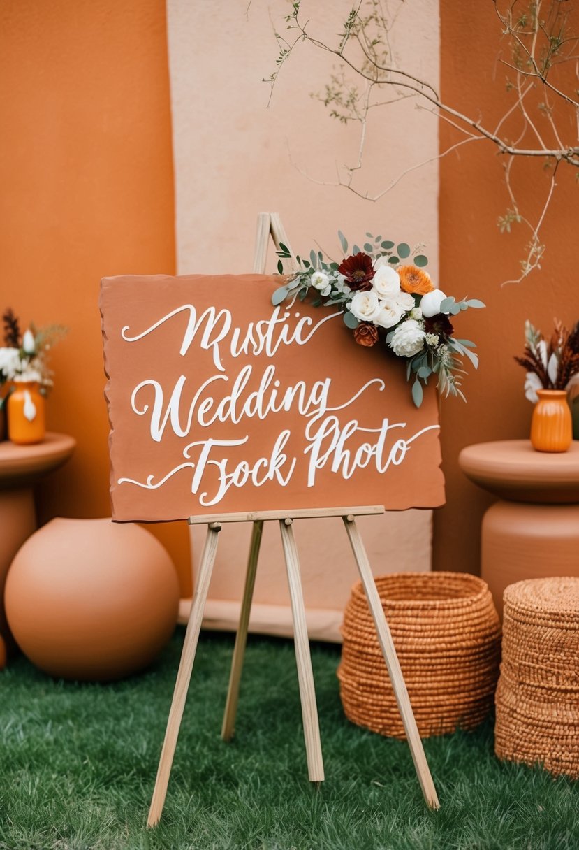 A rustic terracotta wedding sign stands against a backdrop of earthy orange and terracotta wedding decor