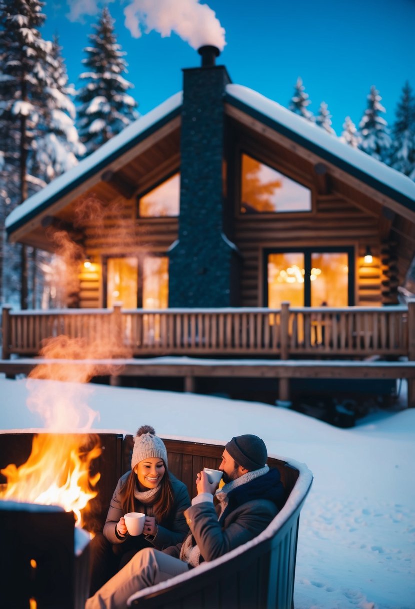 A cozy cabin nestled in a snowy forest, with smoke rising from the chimney. A couple sits by the fire, sipping hot cocoa and gazing at the winter wonderland outside