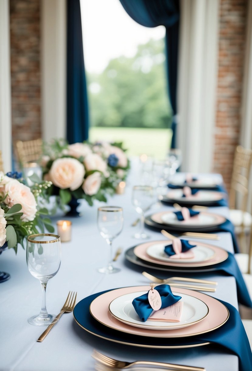 A serene blue and blush wedding table setting with navy accents