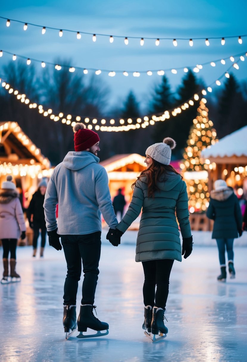 A couple skating hand in hand on a frozen pond, surrounded by twinkling lights and festive decorations at a winter festival